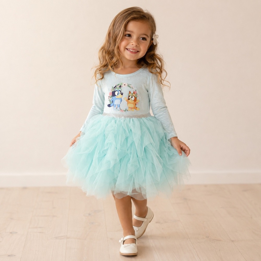 Bluey Bingo Girls Long Sleeve Tutu Dress Light Blue Mint Green Velvet Tulle 2T
